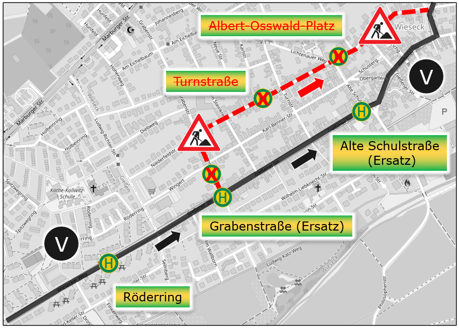Complete closure of Rabenauer Straße and Grabenstraße in Wieseck