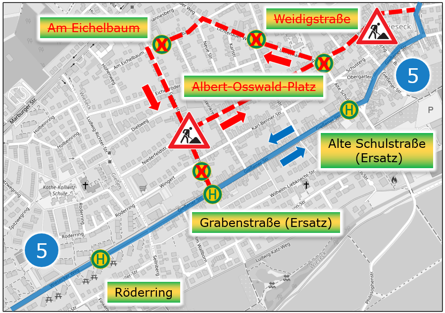 Complete closure of Rabenauer Straße and Grabenstraße in Wieseck